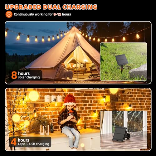 Kawaya Solar Powered String Lights: 50 FT LED Outdoor Patio Hanging Lights with 25+2 Edison Bulbs - USB-Charging - IP65 Waterproof Shatterproof Edison Bulbs for Bistro Cafe Camp Yard Balcony - size: 50FT New