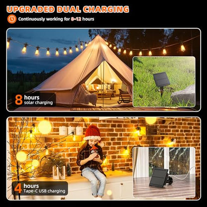 Kawaya Solar Powered String Lights: 50 FT LED Outdoor Patio Hanging Lights with 25+2 Edison Bulbs - USB-Charging - IP65 Waterproof Shatterproof Edison Bulbs for Bistro Cafe Camp Yard Balcony - size: 50FT New