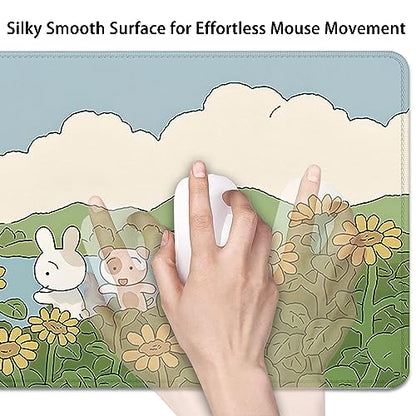 Sunflower Cute Anime Desktop Mat, Desk Mat for Keyboard and Mouse, Gaming Mat for Computer Office Home Work (27.5X11.8 in) - color: Sunflower and 2 Rabbits-2