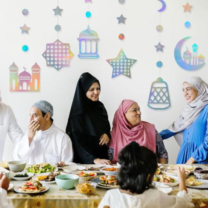 Iridescent Ramadan Decorations for Home, 6 Pcs Star Moon Mosques Garland Islamic Hanging Streamers Backdrop Holographic Eid Mubarak Banner for Birthday Wedding Night Party Supplies