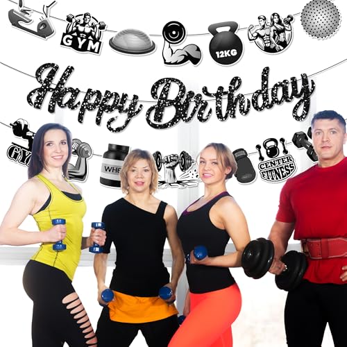 3Pcs Gym Happy Birthday Banner Barbell Boxing gloves Party Hanging Banner Fitness Theme Birthday Bridal Wedding Baby Shower Boys Girls Kids Home Classroom Party Supplies Decorations - color: Gym