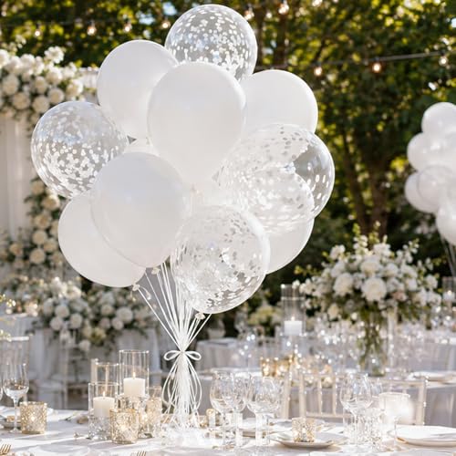 AULE Party Balloons Pack of 42-12in White Confetti Balloons & White Latex Balloons and 64ft Ribbons - 12 Inches Balloons Decorations Set - color: White