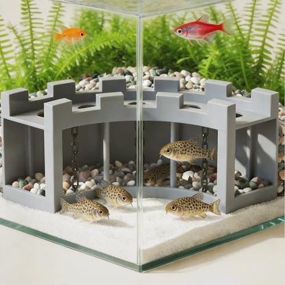 Aquarium Underground Corner Cave Hideout, Natural Curve with Chain Design, Fish Tank Decor Includes Stones & Turtle Ornament, Hiding Tunnel Perfect for Betta Shrimp Corydoras Kuhli Loach Pleco