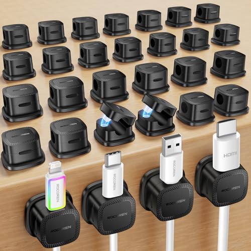Rocoren 30-Pack Magnetic Adjustable Cable Clips Cord Organizer | Smooth Cable Straps & Wire Holder Keeper, Cable Management Accessories for Desktop, Nightstand, Home Office & Phone - color: Black