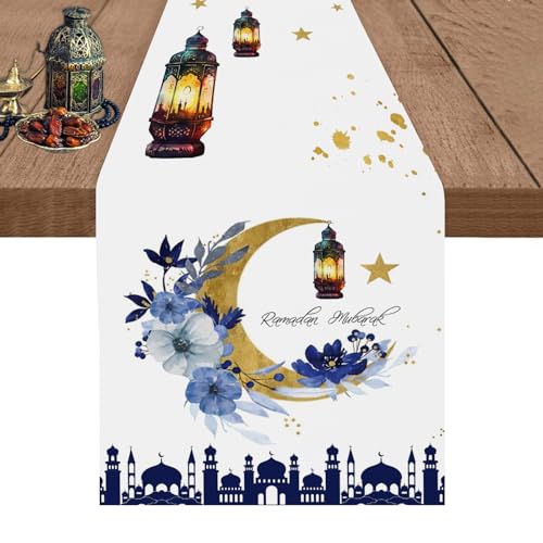 Eid Mubarak Ramadan Table Runner 13x72 Inch, Moon and Stars Mosque Flower and Gold Linen Table Runner, Ramadan Mubarak Table Runner for Dining Table, Dresser & Home Decorations - color: Moon Star Lantern Flower Eid Mubarak Ramadan Table Runner