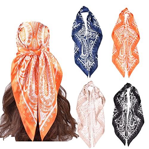 4Pcs Silk Head Scarves for Women Satin Hair Scarf 35”Large Square Bandana Silk Like Neck Scarf Shawl - color: Orange/Navy/Black/Coffee