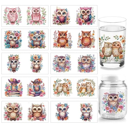 Arricraft 10 Sheets Owl UV DTF Cup Wrap for 16OZ Glass, Flowers Books Birds Rub on Decals Animal Theme PVC Transfer Stickers for DIY Cups Bottle Wood Furniture Garden Decor - style: Cute Owl