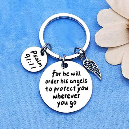 Dabihu Christian Gift Keychain Religious Gift Bible Verse Keyring Baptism Christmas Easter Birthday First Communion Gift - color: For He Will Order His to Protect You Wherever You Go Silver Keychain