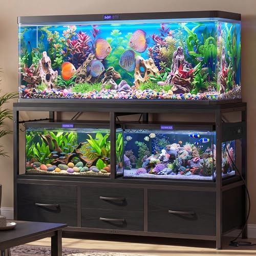 Heybly 55-75 Gal Fish Tank Stand with Drawer, Power Outlet, Black HAS005BK | Aquarium Stand, Heavy Duty, for Fish Tank, Turtle & Reptile Terrarium, 48" L × 18.1" Top, 660lbs (Top)+400lbs(Mid) - color: Black, size: 55-75 gal