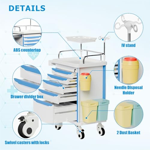 Crash Cart with Central Lock - Mobile Emergency Treatment Trolley with IV Pole, Cardiac Board, O₂ Tank Holder, Trash Bin & 5 Drawers for Clinics Nursing Center (Blue) - color: Blue