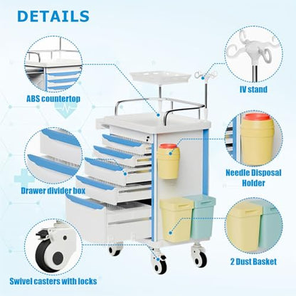 Crash Cart with Central Lock - Mobile Emergency Treatment Trolley with IV Pole, Cardiac Board, O₂ Tank Holder, Trash Bin & 5 Drawers for Clinics Nursing Center (Blue) - color: Blue
