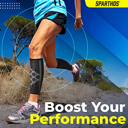 Sparthos Calf Compression Sleeves, Shin Splint Relief Men, Women - Black-M | Leg Compression Sleeves (1 Pair), Varicose Veins, Pain & Cramp Recovery, Air Travel, Nurses, Maternity, Running, Soccer - color: Midnight Black