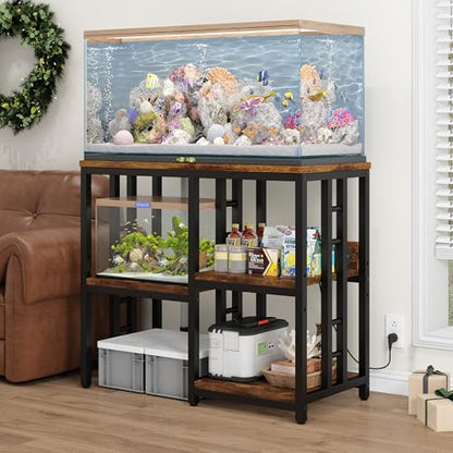 Heavy Duty 40-50 Gallon Aquarium Stand with Power Outlets, 3-Tier Adjustable Metal Fish Tank Stand with Storage Shelf for 5-10 Gallon Tanks, Reptile Terrariums & Supplies Organizer, 720LBS Capacity - color: Black + Brown