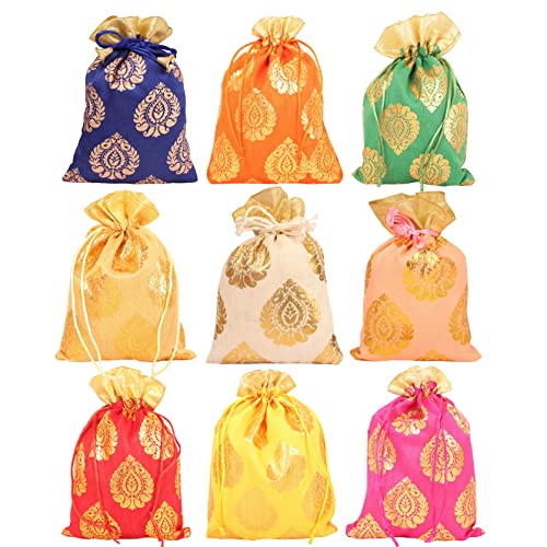Touchstone Drawstring Bags Traditional Indian Handcrafted Fabric Perfect for Gifts Jewelry Weddings Pouches Purses Potli - color: Ficus Leaf_Multicolor (Pack of 9), size: 7x5 inches