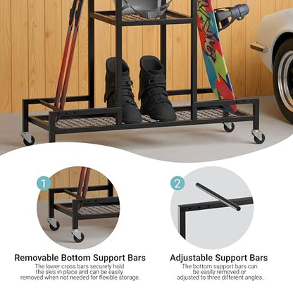 Standing Ski Storage Rack | Holds Snowboards & Skis, 3-Tier Organizer for Gear, Black - Ski Rack for Garage (without antislipmat) - style: without antislipmat