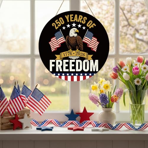 Smile 250 Years of Freedom Wooden Round Door Hanger, 1776-2026 American Bicentennial Front Door Sign for 4th of July & Patriotic Decor - style: 250th Freedom