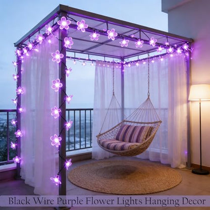 Purple Flower Fairy String Lights on Black Wire, Plug in Connectable 33FT 100 LED Waterproof with 8 Modes for Indoor Outdoor Christmas, Valentine's Day, Wedding Party & Patio Balcony Ambiance - color: Purple Flower-Black Wire