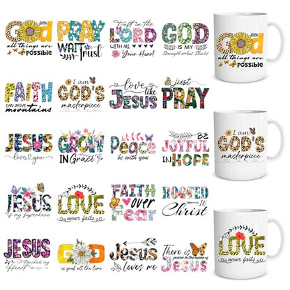 20 Sheets Bible Verse UV DTF Cup Wrap Transfer Decals for Glass | Religious Faith Jesus UVDTF Stickers, Inspirational Waterproof Transfer, for Mug Wood DIY Crafts, Strong Adhesion - style: Jesus