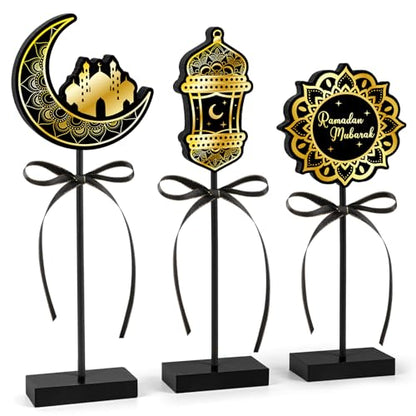 3 Pieces Ramadan Decorations Eid Mubarak Table Decor Wooden Set, Islamic Ramadan Tiered Tray Decor for Muslim Party Tabletop Decor Home (Classic) - style: Ramadan Classic