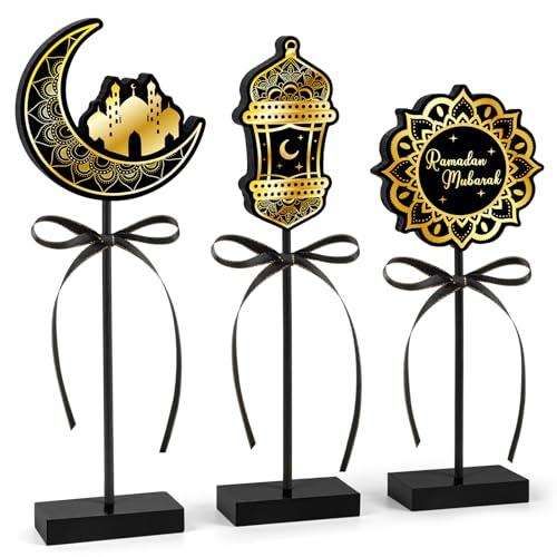3 Pieces Ramadan Decorations Eid Mubarak Table Decor Wooden Set, Islamic Ramadan Tiered Tray Decor for Muslim Party Tabletop Decor Home (Classic) - style: Ramadan Classic