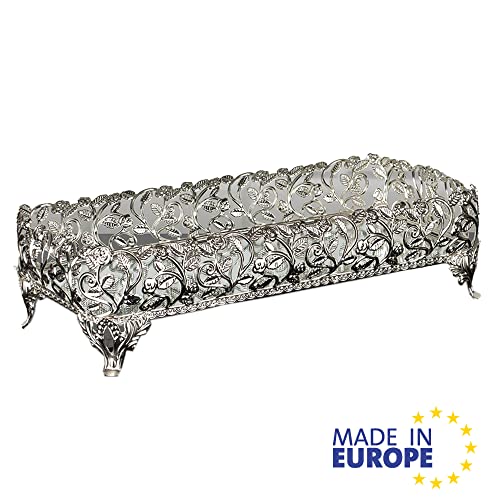 Metal Filigree Mirrored Tray for Gift, Handmade Fancy Perfume Trays for Dresser, Rectangle Mirror Vanity Trays for Dressing Table (Small, Silver)