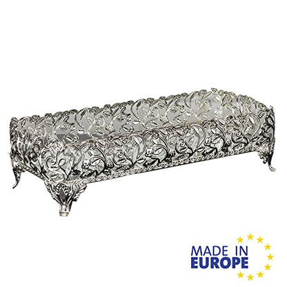 Metal Filigree Mirrored Tray for Gift, Handmade Fancy Perfume Trays for Dresser, Rectangle Mirror Vanity Trays for Dressing Table (Small, Silver)