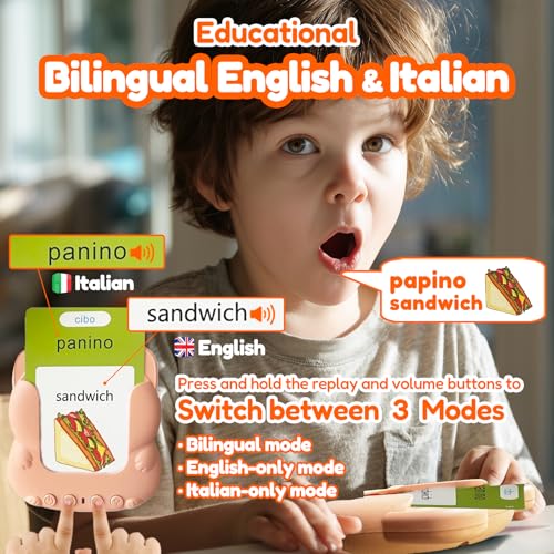 Talking Flash Cards Bilingual for Toddlers - Italian English Flashcards for Kids Adults, Test Mode, Pocket Speech Children, Interactive Vocabulary Learning, Audible Gifts Boy Girl (Italian) - color: Italian