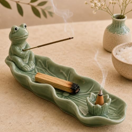 Frog Incense Holder for Sticks, Handmade Ceramic Holder for Burning Sage Sticks, Palo Santo, Cone and Backflow, Incense Burner for Meditation Room Home Decor, Frog Spiritual Gifts for Women - color: Green