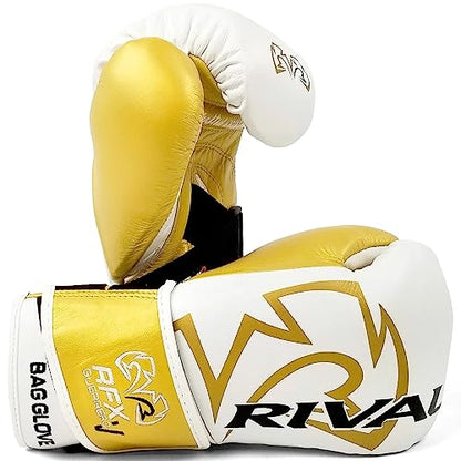 RIVAL Boxing RFX-Guerrero-V Bag Gloves, Multi-Layered Inner Foam Padding (HDEF), Premium Leather, Wrist Lock 2 System - color: White/Gold, size: 8 oz.