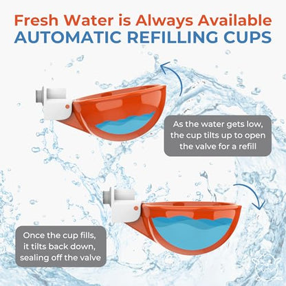 Lil'Clucker Large Automatic Chicken Waterer Cups with 1/2" PVC Tee Fittings - Chicken Water Cups, Chicken Water Feeder, for Chicks, Duck, Goose, Turkey - Poultry Waterer Feeder Kit (Orange, 8-Pack) - size: 8-Pack