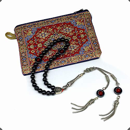 Design - Long & Stylist Tassels Worry Beads-Prayer Beads-Tesbih-Tasbih-Tasbeeh-Misbaha-Subha-Sebha-Sibha-Rosary (Hematite & Red Agate -8 mm-33 Beads & Bracelet) - color: Hematite & Red Agate -8 mm-33 Beads & Bracelet