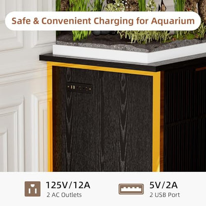 55-75 Gallon Fish Tank Stand with Power Outlets, LED Light, Vertical Lines, Heavy Duty Aquarium Stand with Cabinet for Fish Tank Accessories Storage, Turtle Tank, Reptile Terrarium (Black and Gold) - color: Black and Gold
