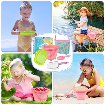 FHOZGECY Beachcombing Treasure Kit with 2 Sifters for Family Beach Vacation | Collapsible Bucket, Stainless Mesh Shovel, Shark Tooth Sifter, Scoop and Mesh Bag for Shelling, Outdoor Play for Kids 3-12