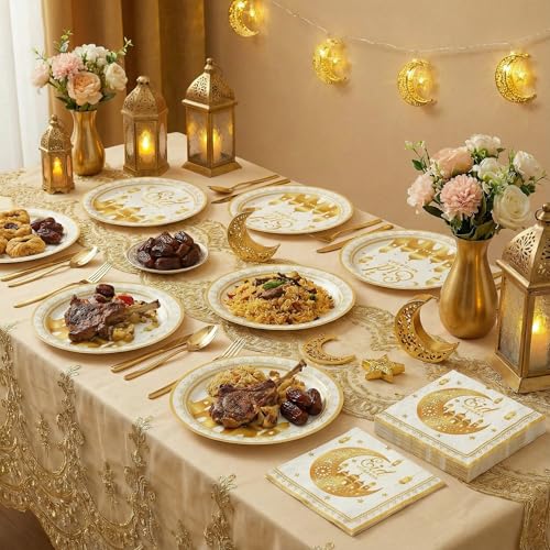 Dereinwo 50 Pcs Ramadan Eid Mubarak Large 12" x 10" Oval Paper Plates and Napkins Disposable Heavy Duty Paper Plates and Napkins for Ramadan Eid Mubarak Party Supplies - style: Eid Mubarak