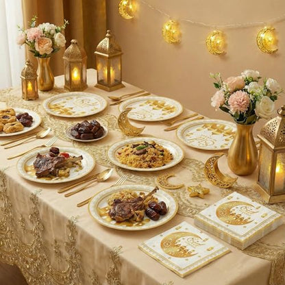 Dereinwo 50 Pcs Ramadan Eid Mubarak Large 12" x 10" Oval Paper Plates and Napkins Disposable Heavy Duty Paper Plates and Napkins for Ramadan Eid Mubarak Party Supplies - style: Eid Mubarak