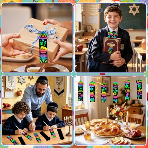JUNEBRUSHS Rosh Hashanah Scratch Art Bookmarks 30 Pack Jewish New Year Scratch Cards Rosh Hashanah Crafts for Jewish Activities Rainbow DIY Gifts Party Supplies - style: Rosh Hashanah Style