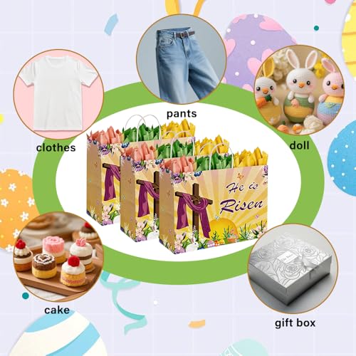 CMSSHUAI 12 Pcs Easter Religious Gift Bags with Tissue Paper, 13" Large Size He Is Risen Bags with Handles for Easter Gift Wrap Spring Egg Hunt - color: jesus 12