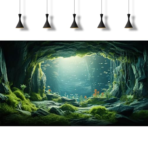 Underwater Aquarium Background Undersea Cave Large Rocks Fish Tank Background Aquatic Plant Lush Green Moss Terrarium Backgrounds Ocean Seabed Caves Landscape Reptile Tank Backgrounds 48x18in - size: 48(W)x18(H)inches/ 120(W)*45cm(H)