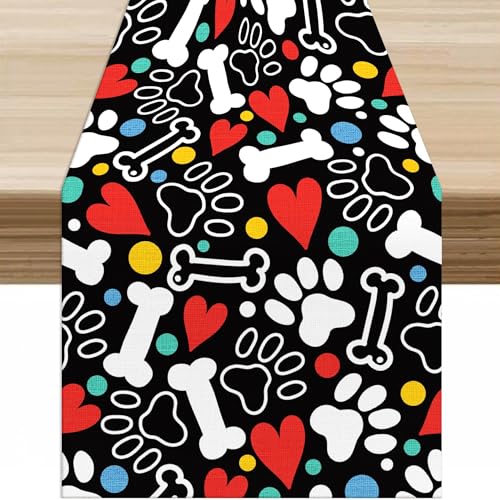 Paw Print Table Runner Colorful Cartoon Pet Cat and Dog Paw Print Cute Love Bone Table Decor Table Top Dining Kitchen Wedding Party 13x36 in - color: Table-40, size: W13X L36