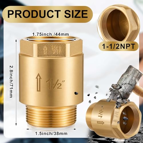 Zonon 2 Pcs 1-1/2 Inch Check Valve One Way Brass Non Return in Line Check Valve with Backflow Prevention NPT Male in FNPT out for Garden Hose Well Pumps Irrigation Systems Chemical Industry - size: 1-1/2 Inch