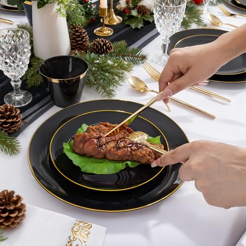 MirthMood 210Pcs Black and Gold Disposable Plates,Black Plates, Black and Gold Plates Include 30 Dinner,Dessert Plate,30 Cup&30 Napkins, 90 Gold Silverware for Wedding & Party & Birthday & New Year - color: Black, size: 210