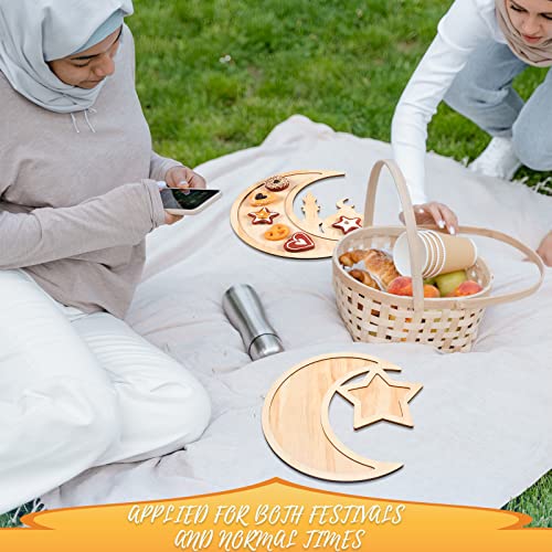 Queekay 2 Pieces Ramadan Tray Eid Mubarak Tray Wooden Star Moon Shaped Ramadan Islam Wooden Artistic Moon Star Dessert Pallet Eid Mubarak Decorations for Table Islam Artistic