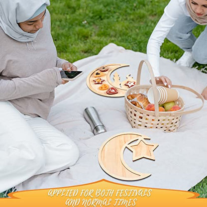 Queekay 2 Pieces Ramadan Tray Eid Mubarak Tray Wooden Star Moon Shaped Ramadan Islam Wooden Artistic Moon Star Dessert Pallet Eid Mubarak Decorations for Table Islam Artistic