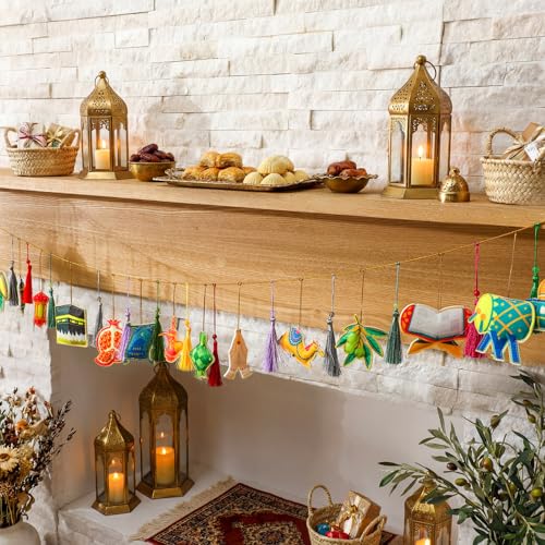 Batiyeer 32 Pcs Eid Mubarak Decorations 3D Felt Ramadan Banner Set with Lantern Moon Palace for Islam Muslim Celebration Lesser Bairam Party Hanging Decor