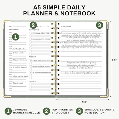 Ovesmusl Undated Daily Planner - 126 Days Hourly Schedule & To Do List - A5 PU Leather Hardcover Spiral Notebook planner with stickers, Metal Corner Protectors & Back Pocket for Work & School, Green - style: Green