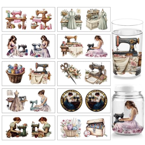 arricraft 10 Pcs Colorful Sewing Theme Cup Printing UV Transfer Papers, 10 Styles Human Feminine Sewing Elements UV DTF Cup Wrap Stickers for 16 OZ Glass Cups Crafts 9.5x4.3inch - style: Colorful Sewing Theme