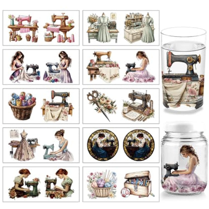 arricraft 10 Pcs Colorful Sewing Theme Cup Printing UV Transfer Papers, 10 Styles Human Feminine Sewing Elements UV DTF Cup Wrap Stickers for 16 OZ Glass Cups Crafts 9.5x4.3inch - style: Colorful Sewing Theme