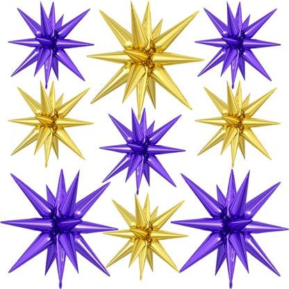 9Pcs Purple and Gold Star Balloons, Large Spike Foil Balloons Party Decor - color: Gold + Dark Purple