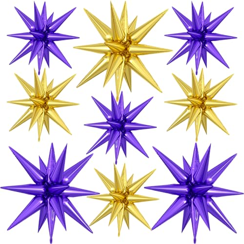 9Pcs Purple and Gold Star Balloons, Large Spike Foil Balloons Party Decor - color: Gold + Dark Purple