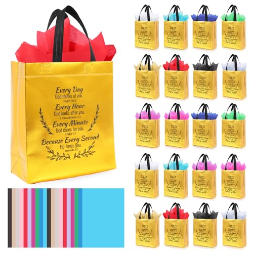 LUAVIARU 80 Pcs Bible Verse Christian Gift Bags Set – 40 Gold Reusable Gift Bag with Handles & 40 Tissue Paper, Religious Gift Bag for Church Events, Baptism, Easter, Communion, Congratulations - color: Golden, size: 40